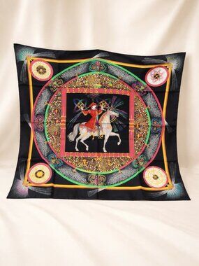 Authentic Hermès Silk Scarf Black Multicolor Equestrian Print